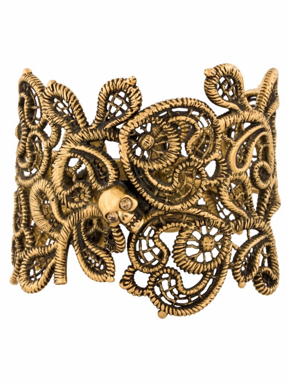 ALEXANDER McQUEEN Gold Tone Brass LACE SKULL PUNK Crystal Cuff Bracelet RARE!